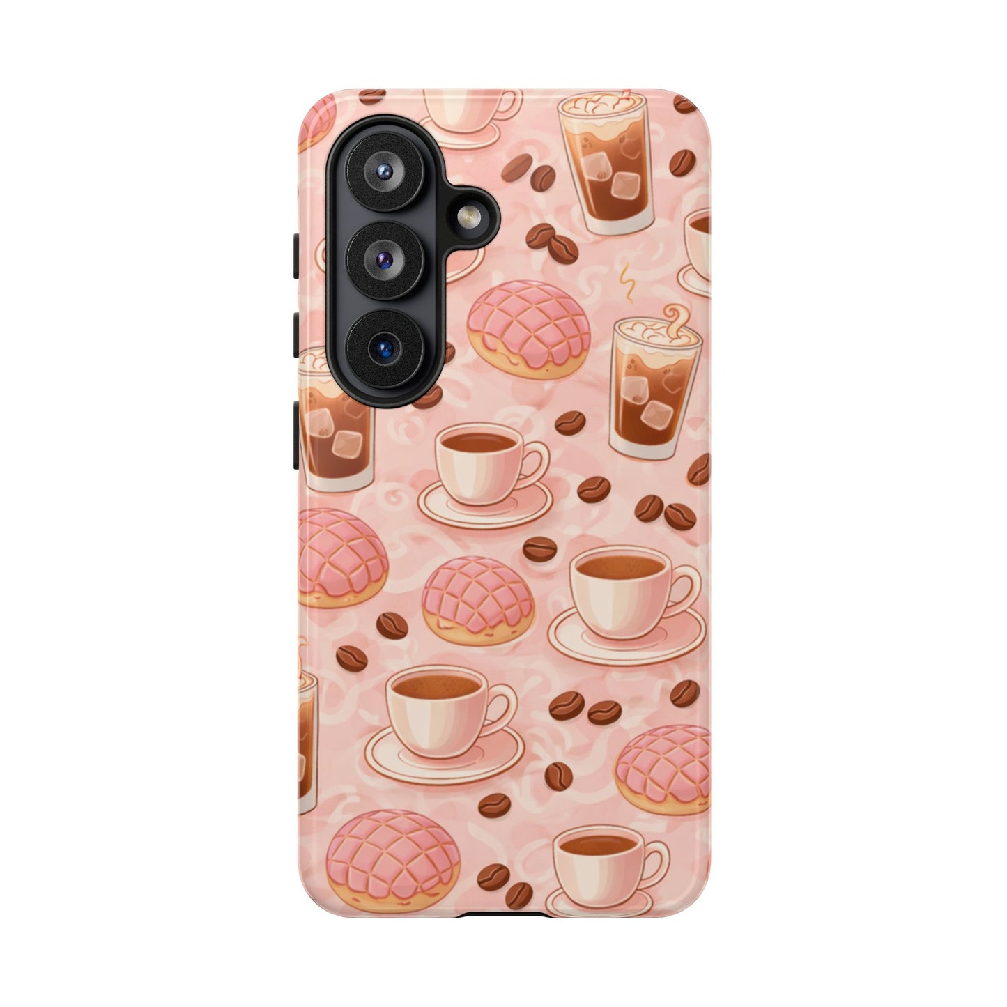 Cute Coffee & Pink Concha Phone Case – Coffee Lover Aesthetic Latte Pattern Tough Case