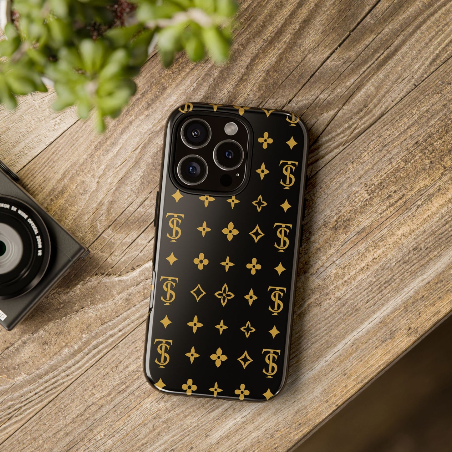 Gold Monogram Pattern Tough Phone Case | Black & Gold Luxury Design for Iphone, Samsung Galaxy and Pixel