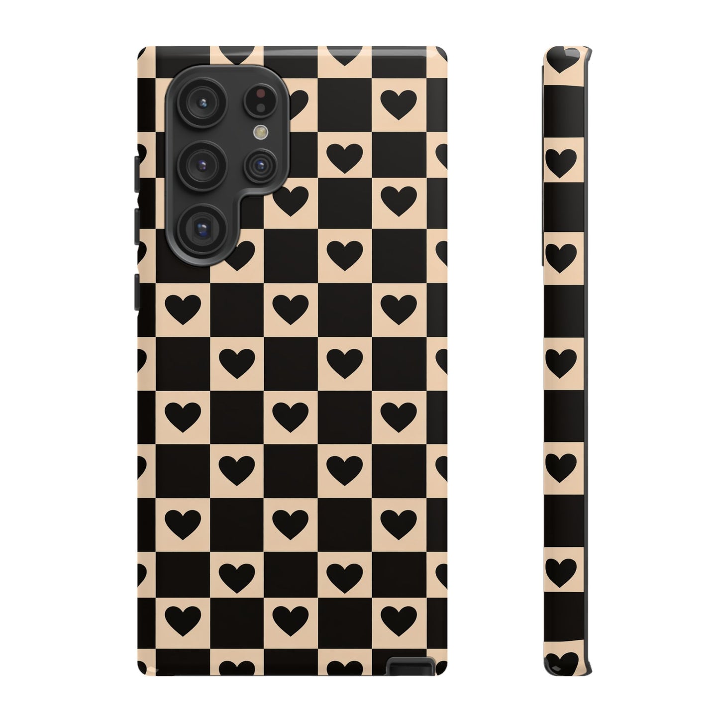 Checkerboard Heart Phone Case – Black & Beige Cute Aesthetic Protective Cover for Iphone, Samsung Galaxy and Pixel
