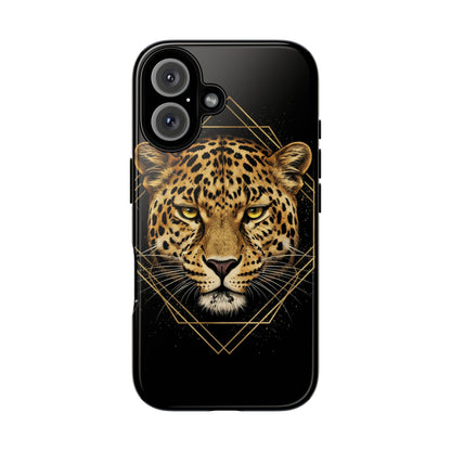 Leopard Head Geometric Phone Case – Black & Gold Luxe Tough Case