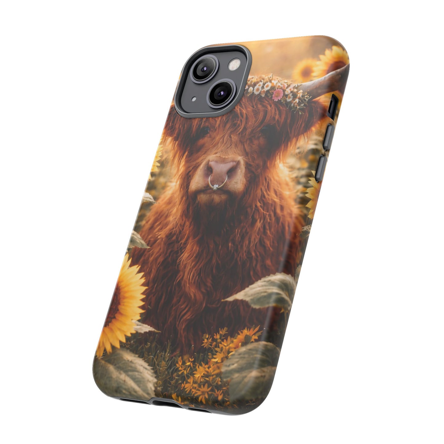 Highland Cow Sunflower Phone Case | Floral Farmhouse iPhone, Samsung Galaxy and Pixel Cover