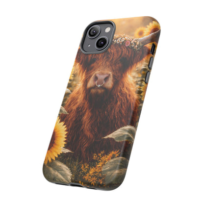 Highland Cow Sunflower Phone Case | Floral Farmhouse iPhone, Samsung Galaxy and Pixel Cover