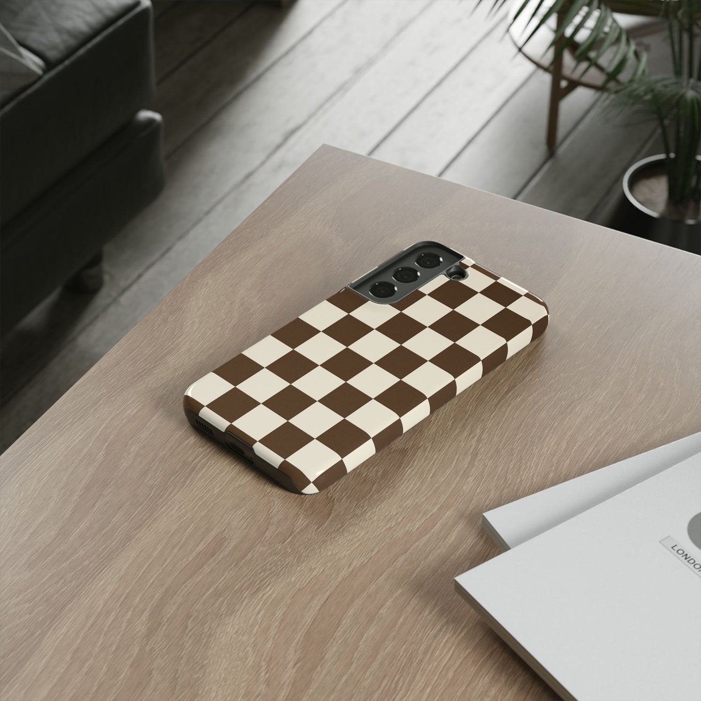 Mocha Checkerboard Phone Case | Neutral Aesthetic Checkered iPhone & Samsung Tough Case