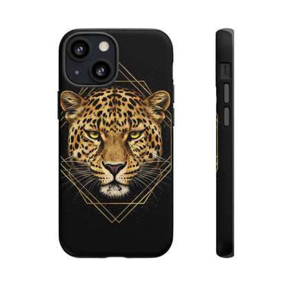 Leopard Head Geometric Phone Case – Black & Gold Luxe Tough Case