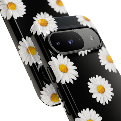 Black Daisy Floral Tough Phone Case – Cute Protective Cover for Iphone, Samsung Galaxy and Pixel