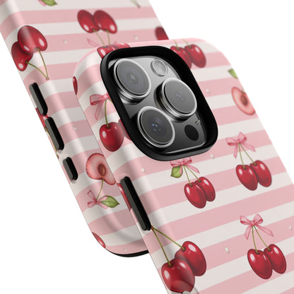 Coquette Cherry Bow Phone Case | Cute Pink Aesthetic Cherry Pattern Tough Case for iPhone & Samsung