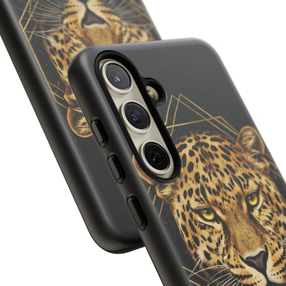 Leopard Head Geometric Phone Case – Black & Gold Luxe Tough Case