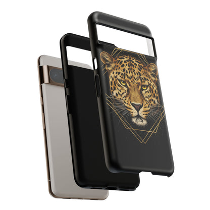 Leopard Head Geometric Phone Case – Black & Gold Luxe Tough Case