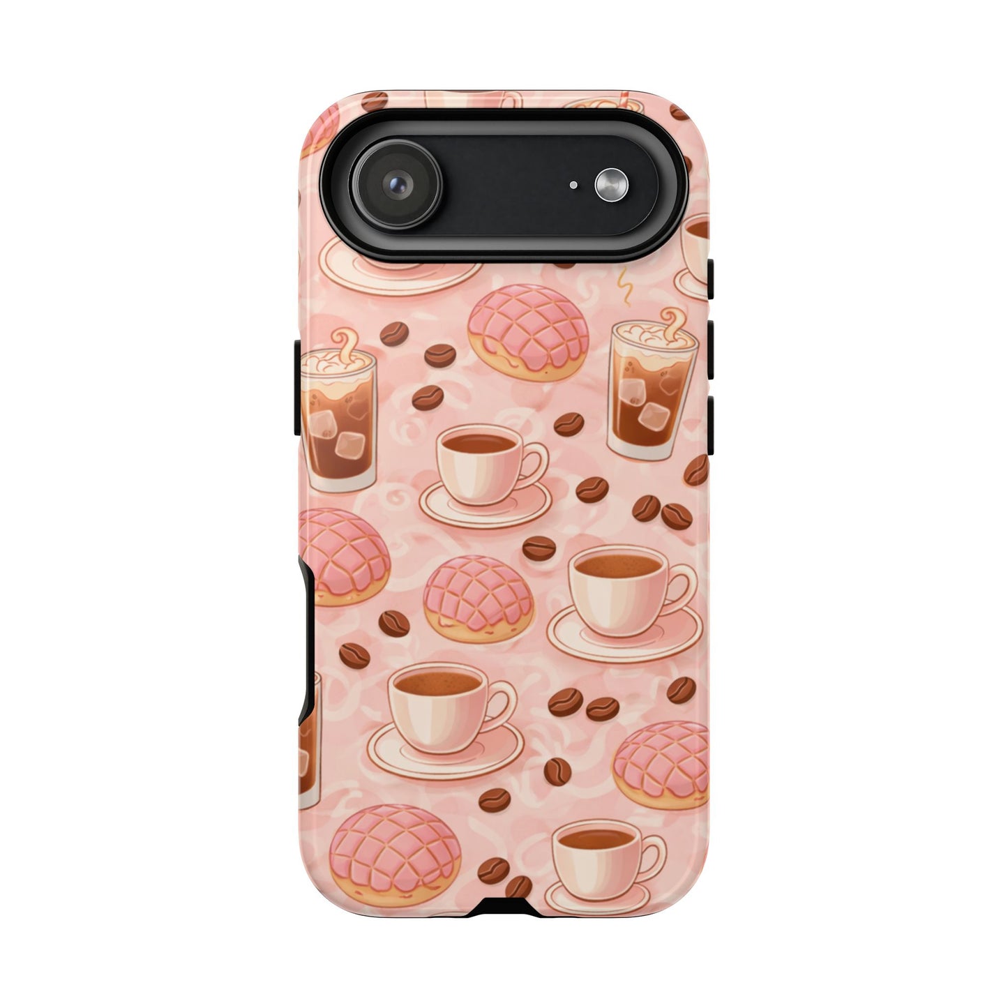 Cute Coffee & Pink Concha Phone Case – Coffee Lover Aesthetic Latte Pattern Tough Case