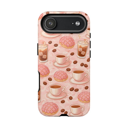 Cute Coffee & Pink Concha Phone Case – Coffee Lover Aesthetic Latte Pattern Tough Case
