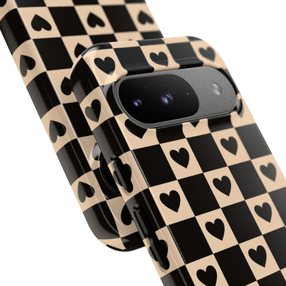 Checkerboard Heart Phone Case – Black & Beige Cute Aesthetic Protective Cover for Iphone, Samsung Galaxy and Pixel