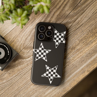 Checkered Star Tough Phone Case – Black Retro Graphic Protective Cover for Iphone, Samsung Galaxy and Pixel