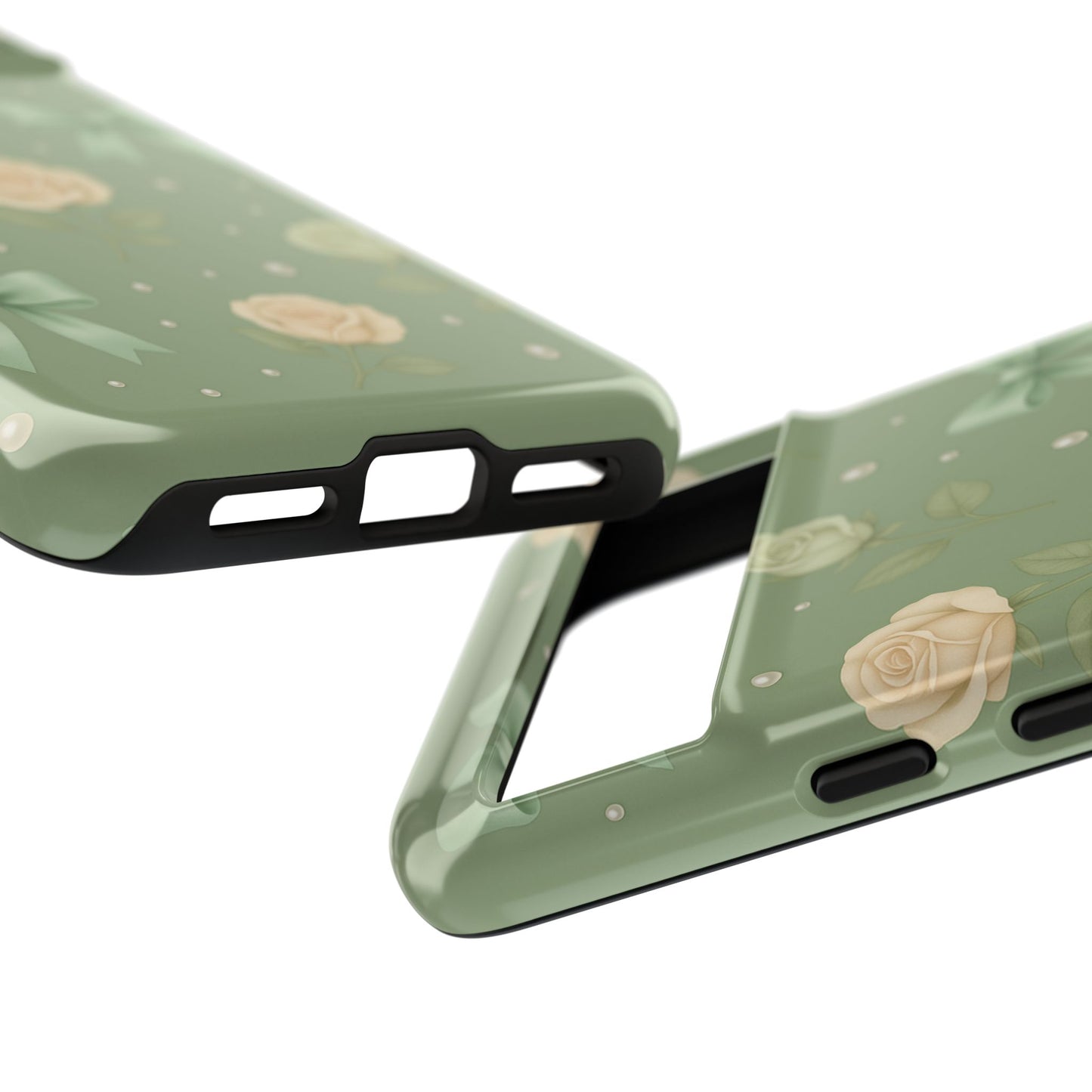 Vintage Rose Bow Phone Case – Sage Green Floral Coquette Aesthetic Tough Case (iPhone, Samsung, Pixel)