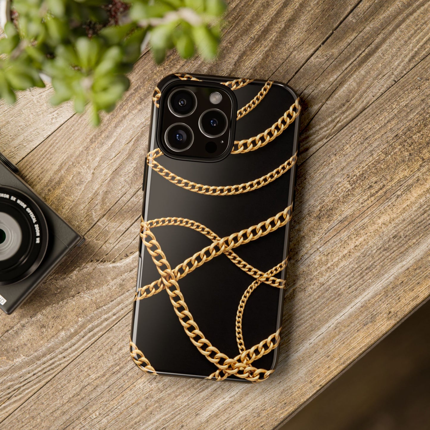 Luxury Gold Chain Phone Case – Black Designer Style Tough Protective Cover for Iphone, Samsung Galaxy and Pixel