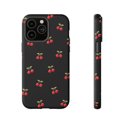 Cherry Pattern Phone Case — Slim Black Protective iPhone Case with Red Cherries for Iphone, Samsung Galaxy and Pixel