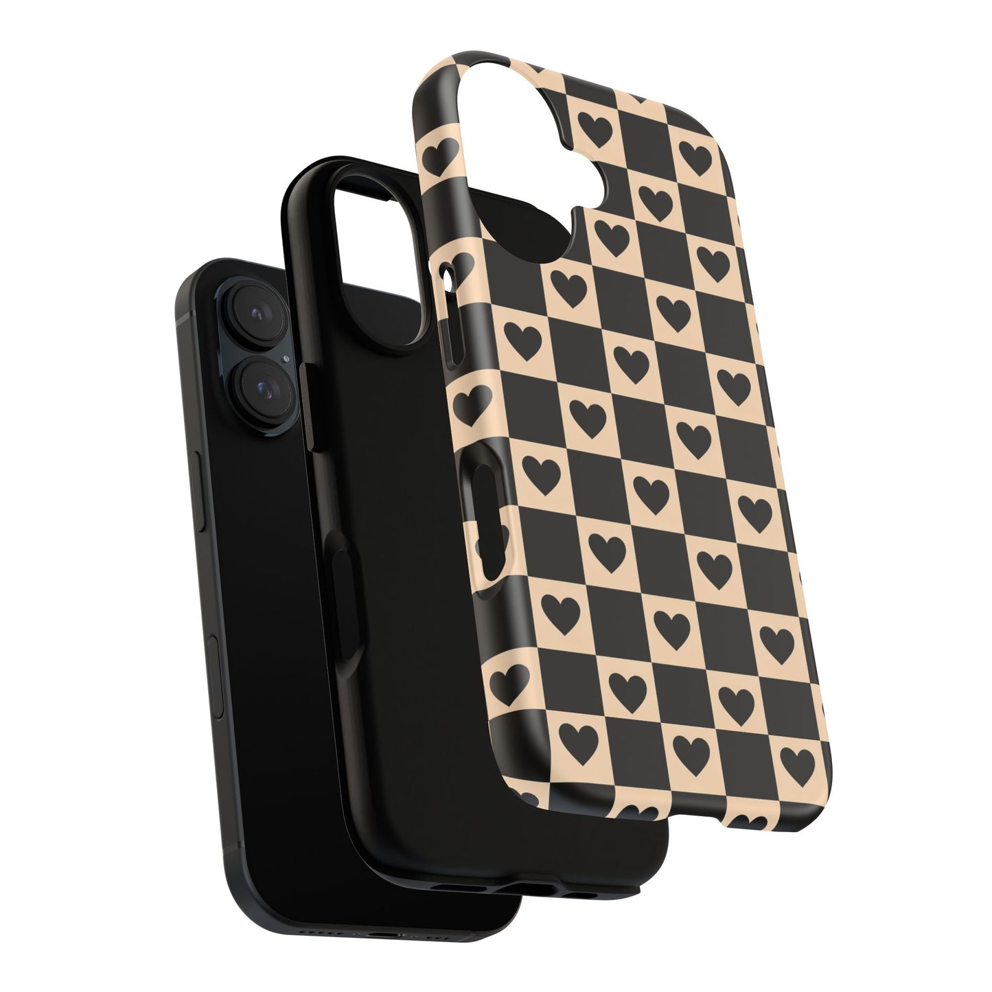 Checkerboard Heart Phone Case – Black & Beige Cute Aesthetic Protective Cover for Iphone, Samsung Galaxy and Pixel
