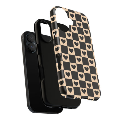 Checkerboard Heart Phone Case – Black & Beige Cute Aesthetic Protective Cover for Iphone, Samsung Galaxy and Pixel