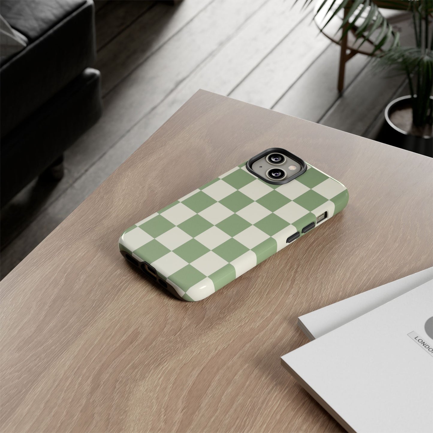 Sage Green Checkerboard Phone Case | Minimal Aesthetic Tough Case