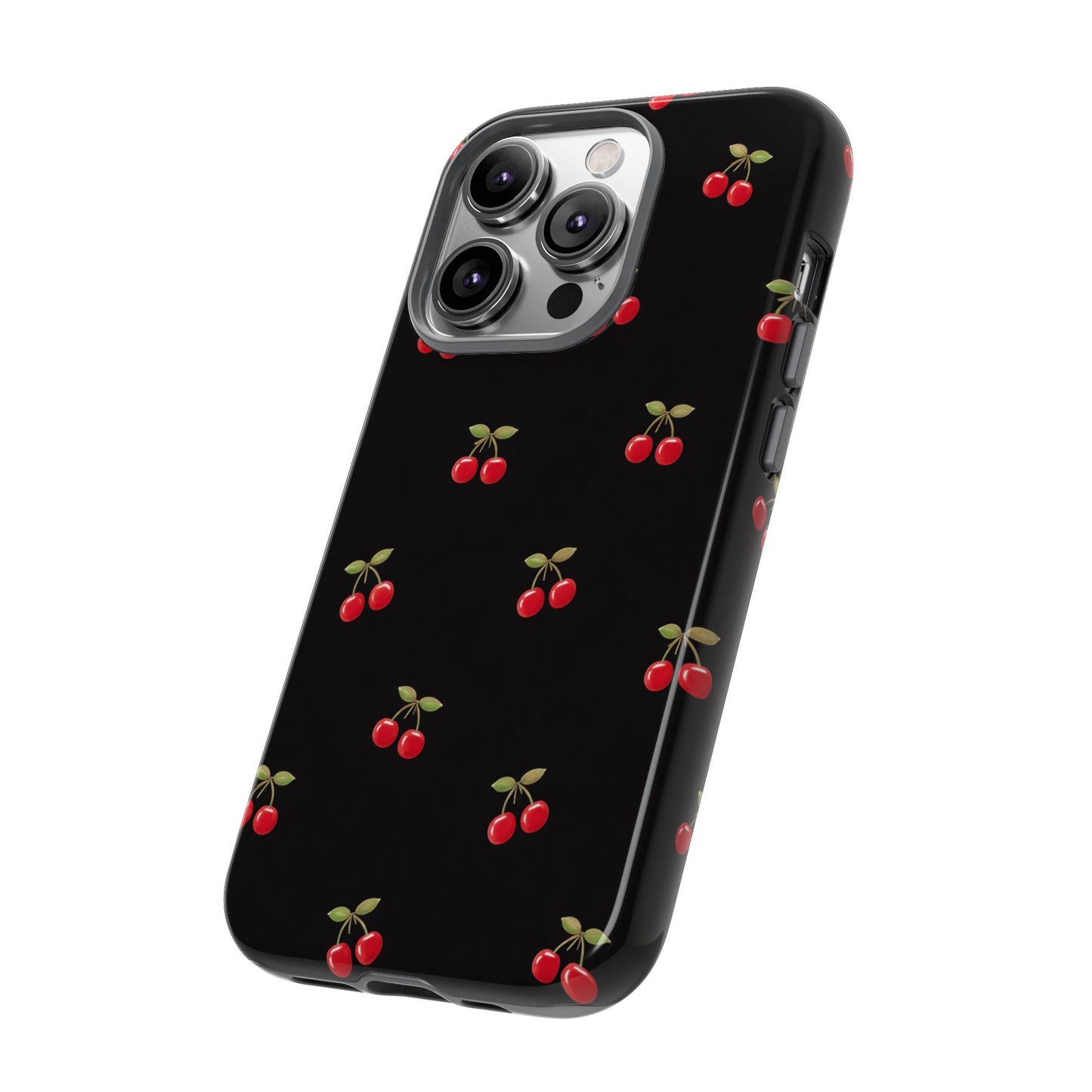 Cherry Pattern Phone Case — Slim Black Protective iPhone Case with Red Cherries for Iphone, Samsung Galaxy and Pixel