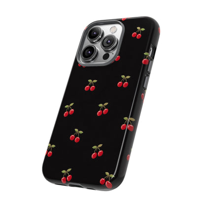 Cherry Pattern Phone Case — Slim Black Protective iPhone Case with Red Cherries for Iphone, Samsung Galaxy and Pixel