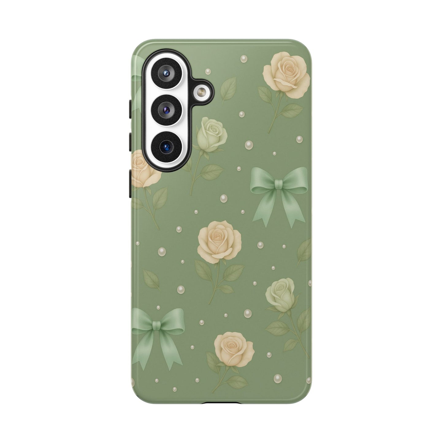 Vintage Rose Bow Phone Case – Sage Green Floral Coquette Aesthetic Tough Case (iPhone, Samsung, Pixel)
