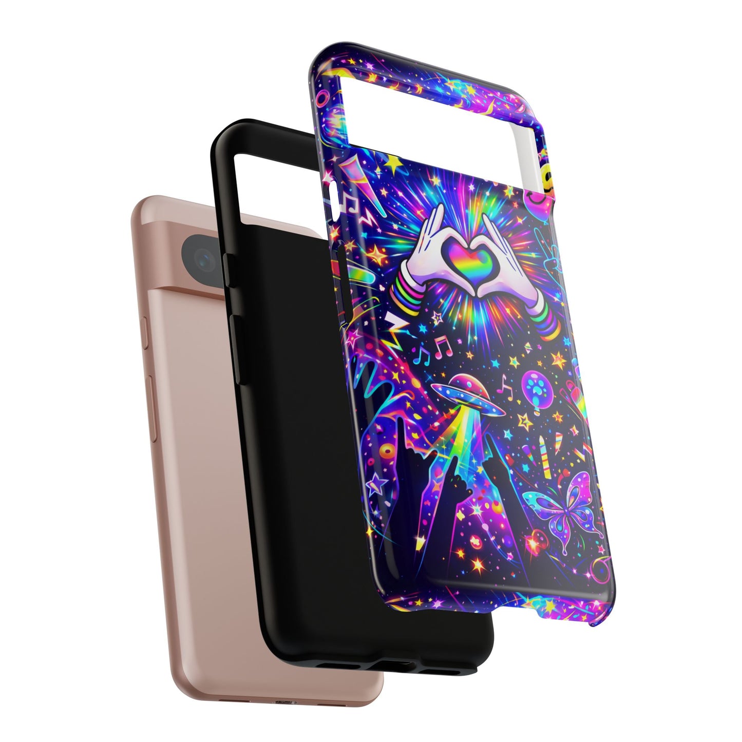 Rainbow Heart Hands Phone Case – Neon Galaxy EDM Festival Tough Cover