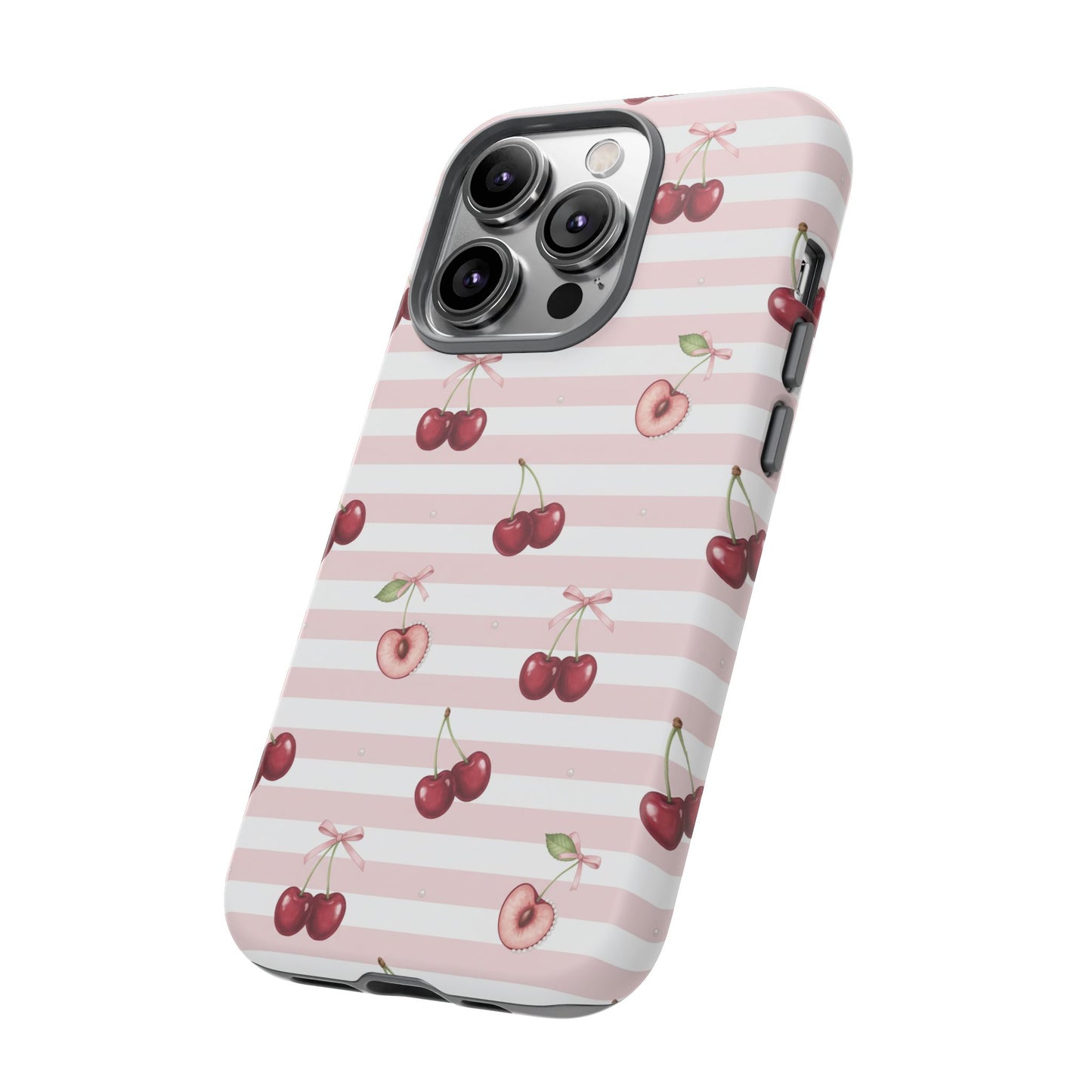 Pink Cherry Stripe Phone Case | Cute Coquette Aesthetic Protective Tough Case