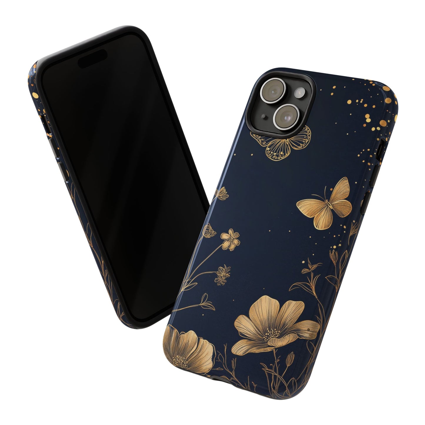 Gold Floral Butterfly Phone Case, Dark Aesthetic Botanical, Elegant Black Luxury iPhone Samsung Cover