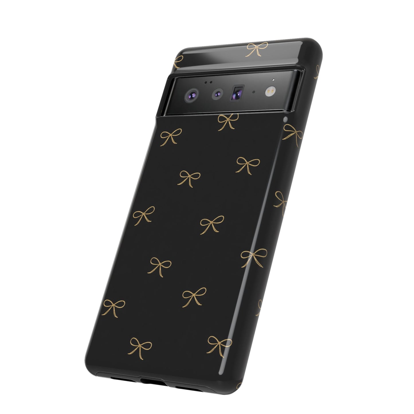 Black Phone Case with Gold Bow Pattern – Slim Protective Cute Aesthetic Cover for Iphone, Samsung Galaxy and Pixel