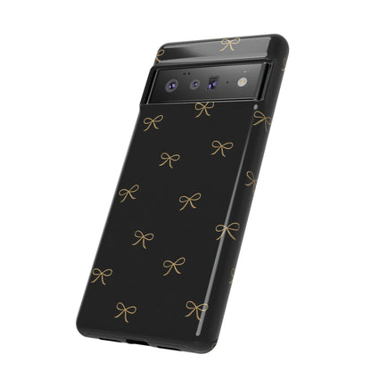 Black Phone Case with Gold Bow Pattern – Slim Protective Cute Aesthetic Cover for Iphone, Samsung Galaxy and Pixel