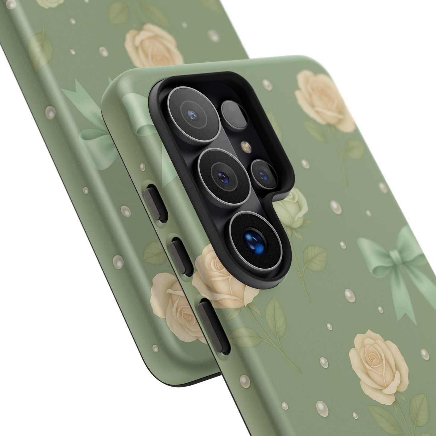 Vintage Rose Bow Phone Case – Sage Green Floral Coquette Aesthetic Tough Case (iPhone, Samsung, Pixel)