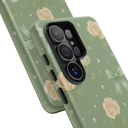 Vintage Rose Bow Phone Case – Sage Green Floral Coquette Aesthetic Tough Case (iPhone, Samsung, Pixel)