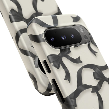 Black Ribbon Bow Phone Case, Minimal Bow Pattern Tough Protective Case