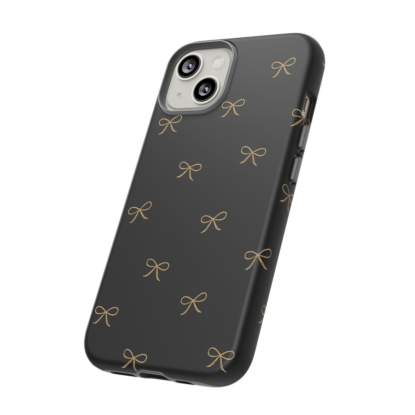 Black Phone Case with Gold Bow Pattern – Slim Protective Cute Aesthetic Cover for Iphone, Samsung Galaxy and Pixel