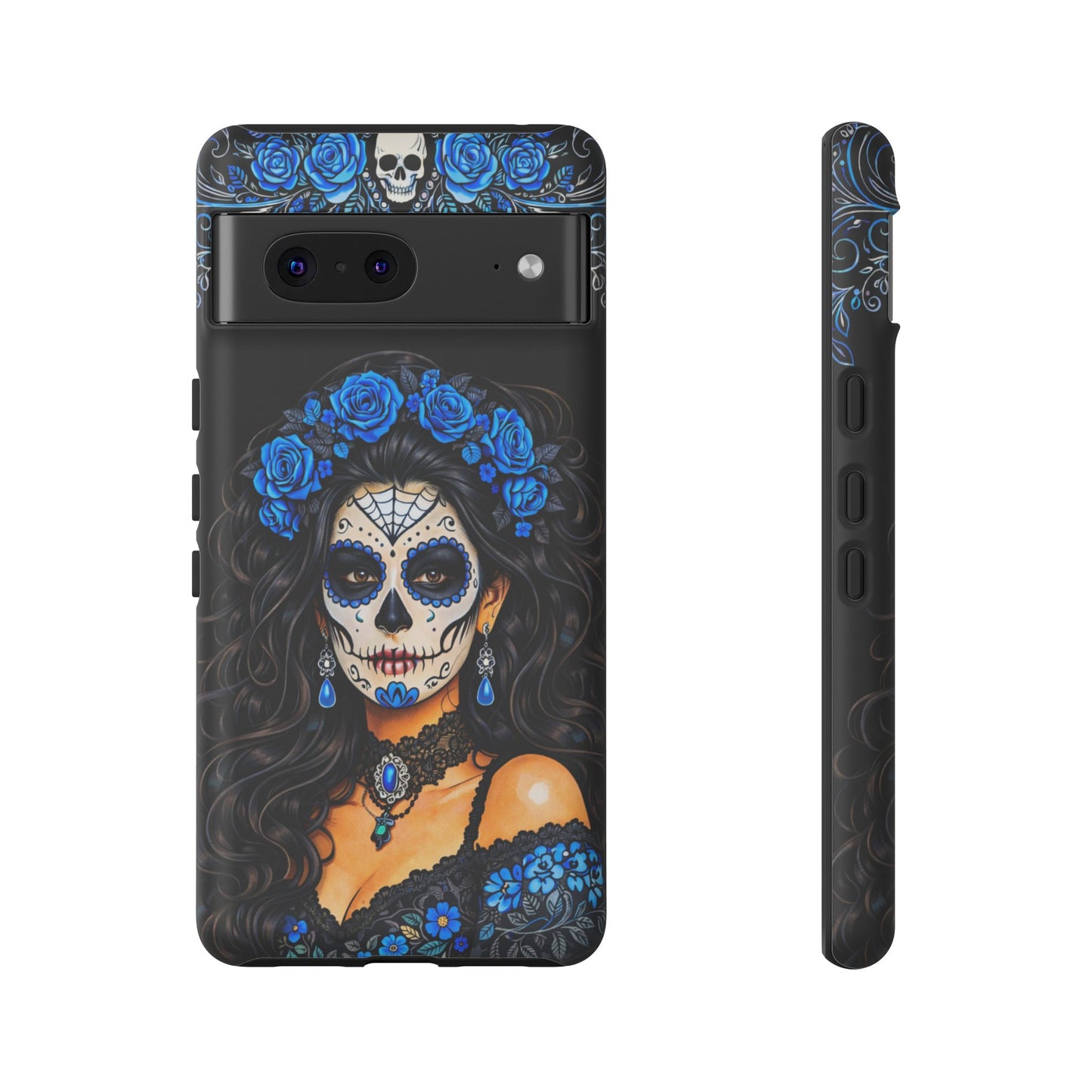 Blue Sugar Skull Woman Phone Case – Day of the Dead Aesthetic Tough Cover