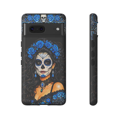Blue Sugar Skull Woman Phone Case – Day of the Dead Aesthetic Tough Cover