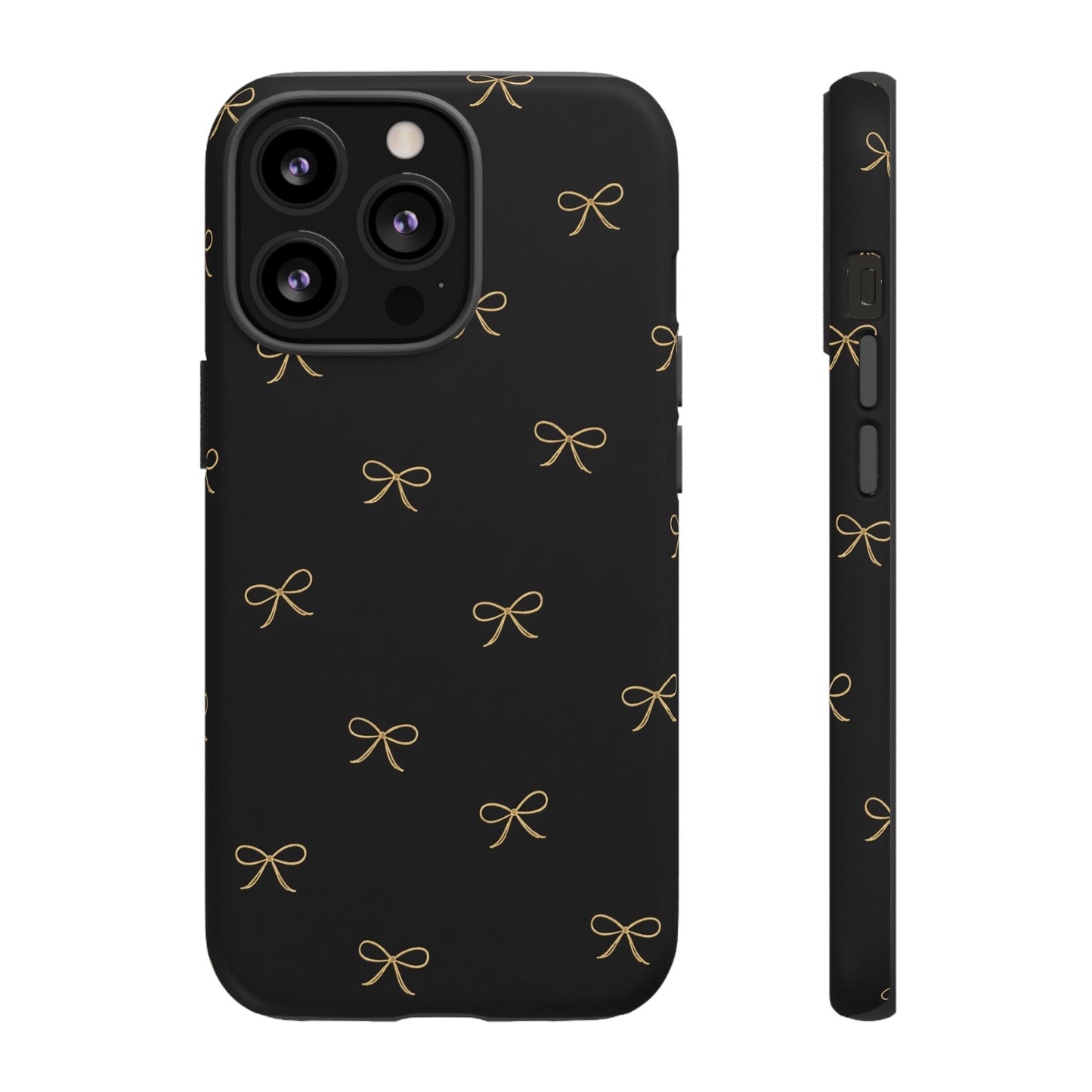 Black Phone Case with Gold Bow Pattern – Slim Protective Cute Aesthetic Cover for Iphone, Samsung Galaxy and Pixel