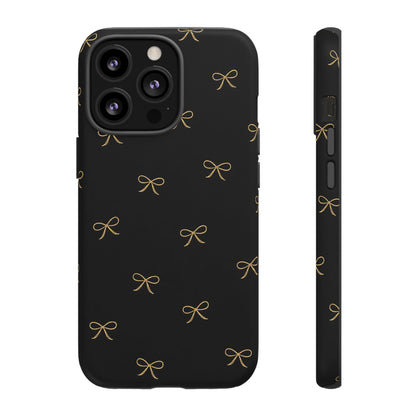 Black Phone Case with Gold Bow Pattern – Slim Protective Cute Aesthetic Cover for Iphone, Samsung Galaxy and Pixel