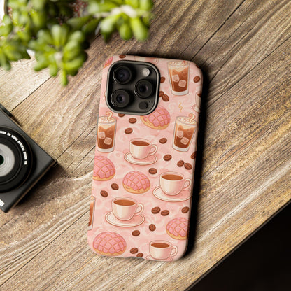 Cute Coffee & Pink Concha Phone Case – Coffee Lover Aesthetic Latte Pattern Tough Case