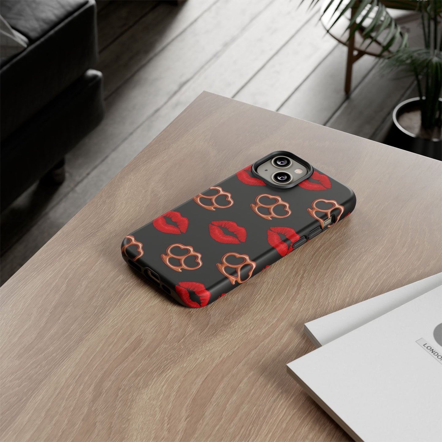 Red Lipstick & Knuckle Duster Phone Case | Bold Kiss Print Tough Protective Cover for Iphone, Samsung Galaxy and Pixel