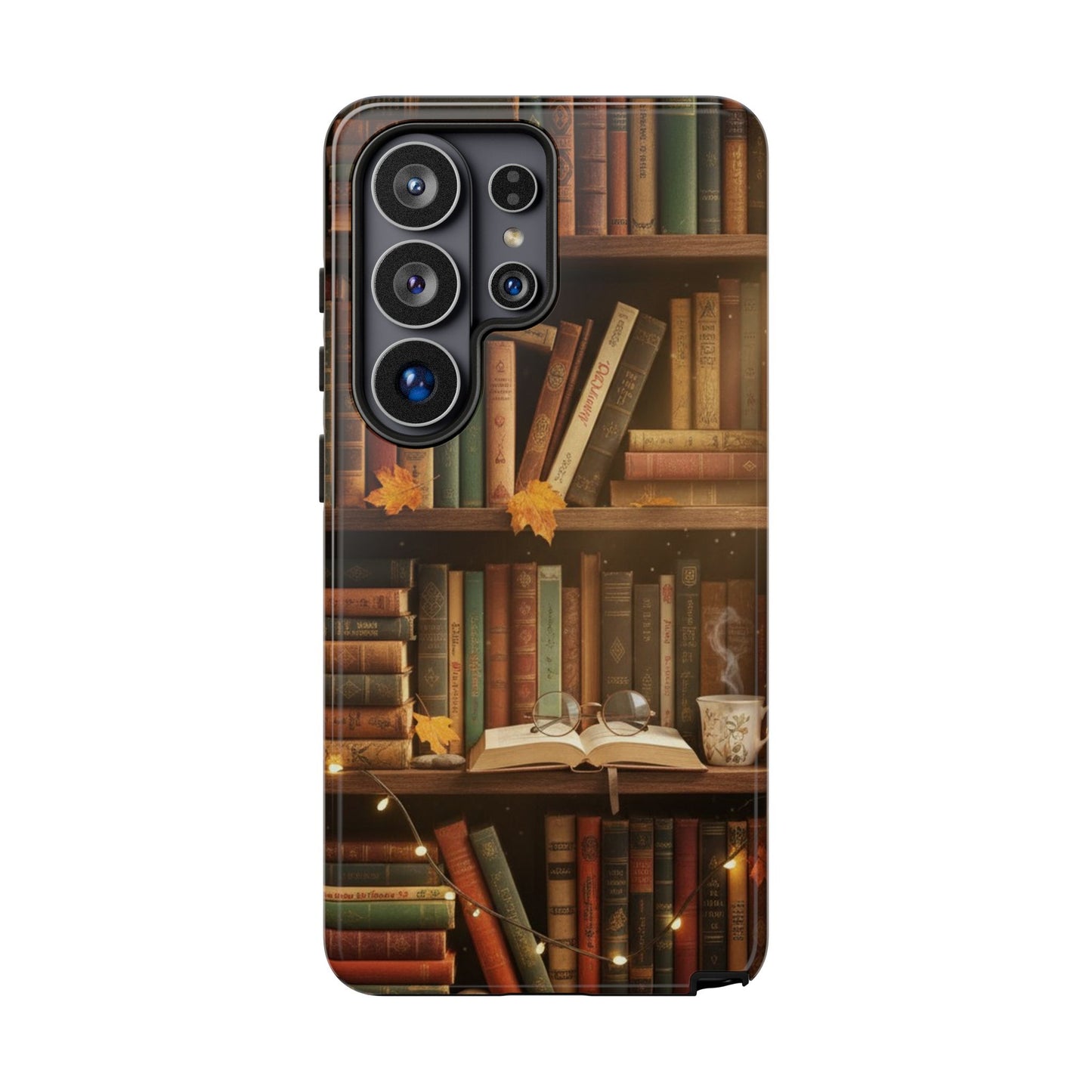 Cozy Vintage Bookshelf Phone Case, Library Aesthetic Book Stack, Autumn Coffee Vibes (iPhone, Samsung, Pixel)