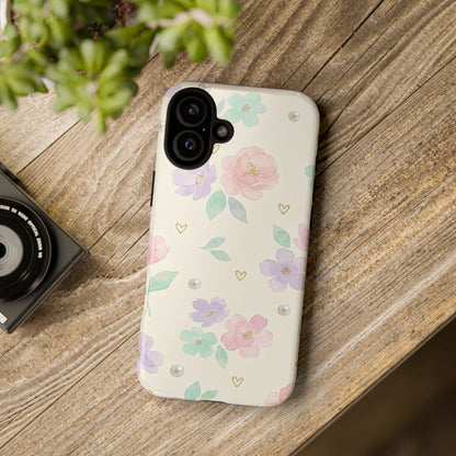 Pastel Floral Phone Case – Coquette Watercolor Flower Hearts Tough Case (iPhone, Samsung, Pixel)