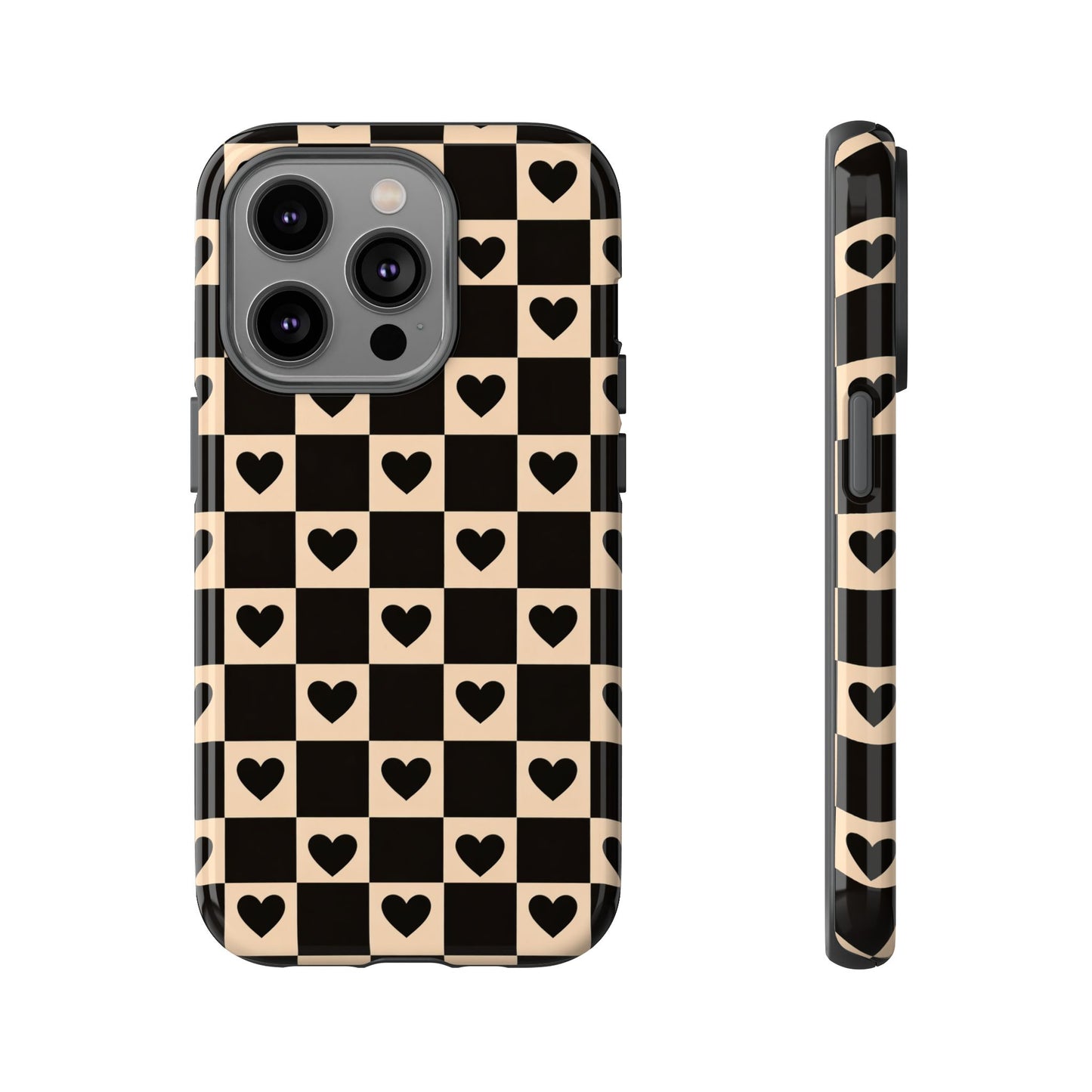 Checkerboard Heart Phone Case – Black & Beige Cute Aesthetic Protective Cover for Iphone, Samsung Galaxy and Pixel