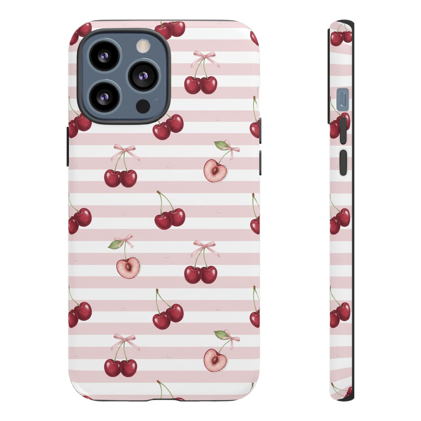 Pink Cherry Stripe Phone Case | Cute Coquette Aesthetic Protective Tough Case