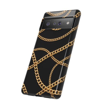 Luxury Gold Chain Phone Case – Black Designer Style Tough Protective Cover for Iphone, Samsung Galaxy and Pixel