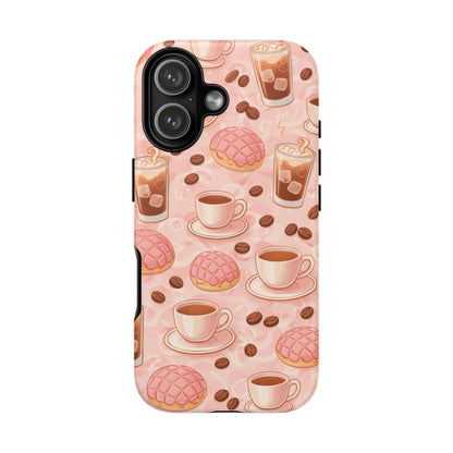 Cute Coffee & Pink Concha Phone Case – Coffee Lover Aesthetic Latte Pattern Tough Case