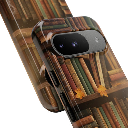 Cozy Vintage Bookshelf Phone Case, Library Aesthetic Book Stack, Autumn Coffee Vibes (iPhone, Samsung, Pixel)