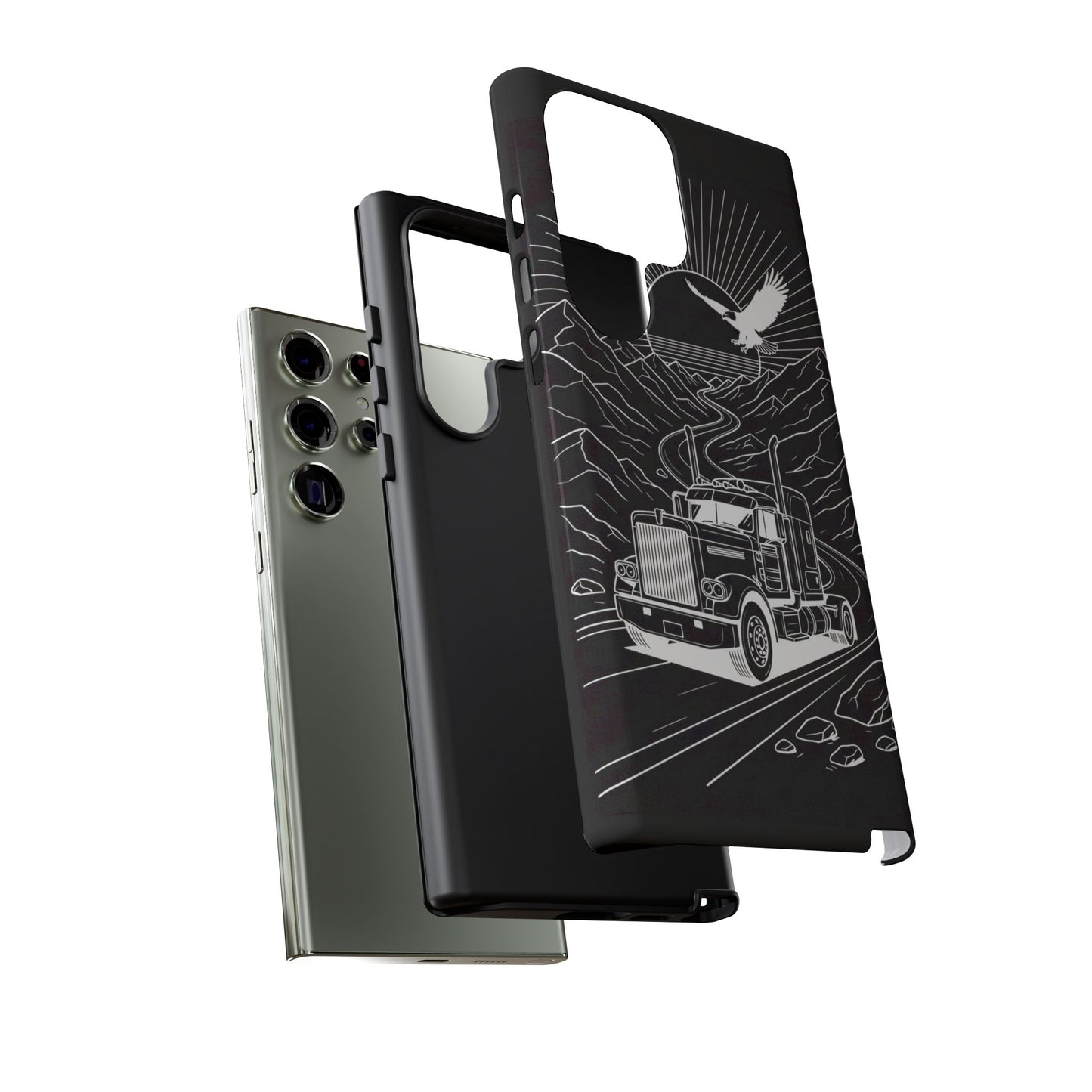 Trucker Highway Phone Case | Eagle & Mountain Line Art | Black Western Tough Case