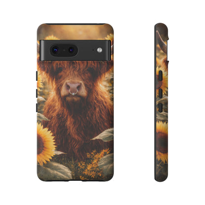 Highland Cow Sunflower Phone Case | Floral Farmhouse iPhone, Samsung Galaxy and Pixel Cover
