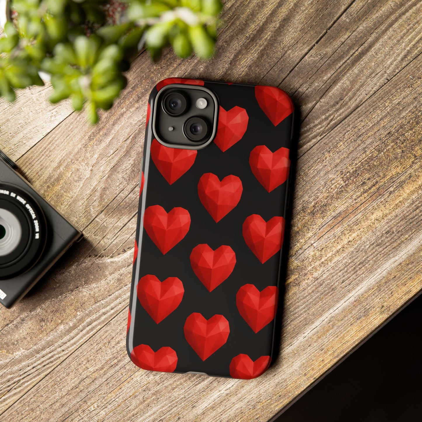 Red Heart Phone Case – Geometric Heart Pattern Tough Case (Black)